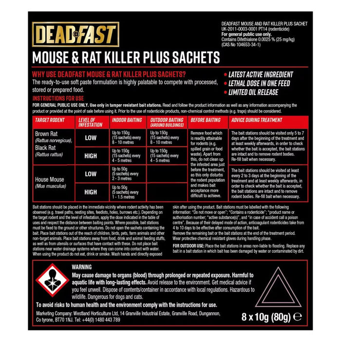 Deadfast Mouse & Rat Killer Plus 8 Sachet Pack x2 back of pack