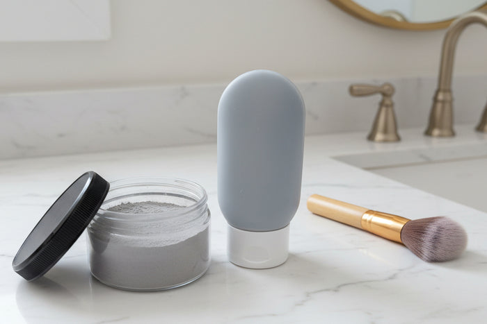 open jar and bottle of pit powder on bathroom counter
