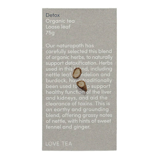 50g box Love Tea Detox Loose Leaf Tea, herbal blend with nettle leaf, dandelion, and burdock.