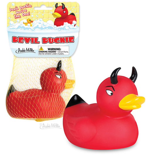 The Devil Duckie, featuring horns and a black tail in net packaging, is a whimsical and mischievous rubber duck that adds playful charm to your bath time.