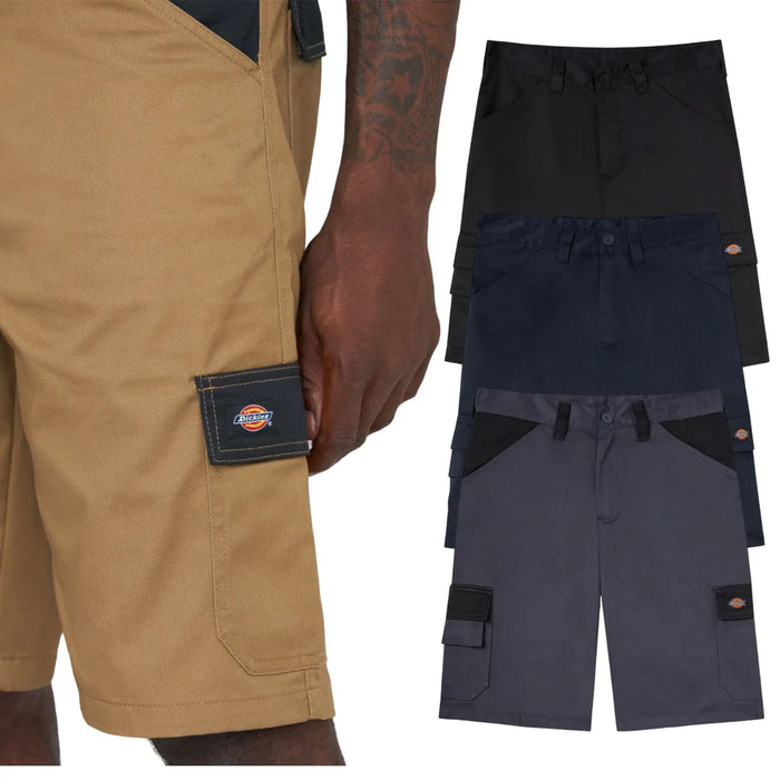 Tan shorts with a side pocket and a logo are being held by a hand while three other pairs of shorts in black, navy, and gray are displayed alongside them.