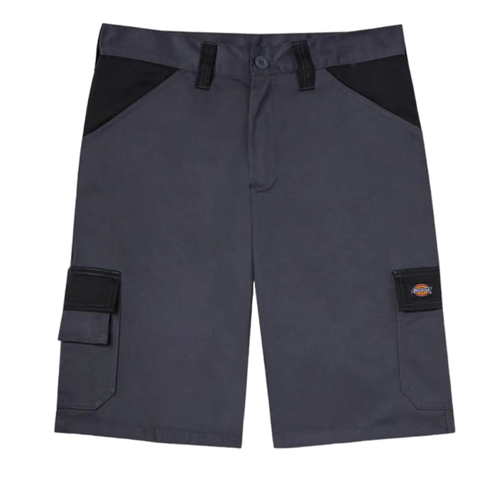 Cargo shorts in dark gray fabric feature black paneling on the sides and multiple pockets for utility with a button closure at the waist designed for casual or work settings.