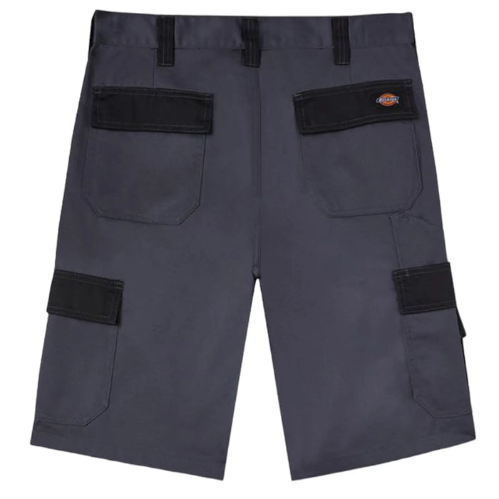 Gray cargo shorts with multiple pockets including two large side pockets and two back pockets are displayed flat against a plain background showcasing their functional design and sturdy fabric.