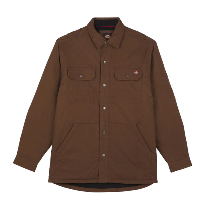 A brown jacket with a collared neck features two chest pockets and a front snap closure. It is displayed against a plain white background.