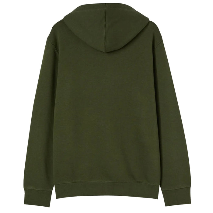 A dark green hoodie is displayed flat with the back visible showcasing a hood and long sleeves in a plain design against a neutral background.