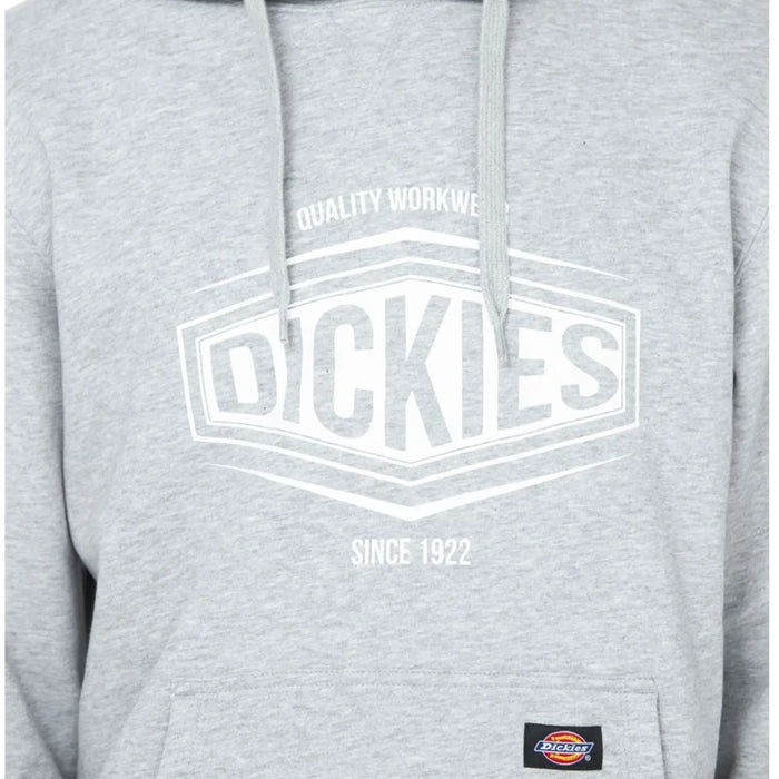 A gray hoodie with a large white logo reading DICKIES is displayed the hoodie features a front pocket and drawstrings the background is neutral and unobtrusive