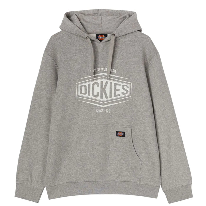 A gray hooded sweatshirt with a front pocket displays the brand name "DICKIES" prominently in white text along with the phrase "QUALITY WORKWEAR SINCE 1922" above it.