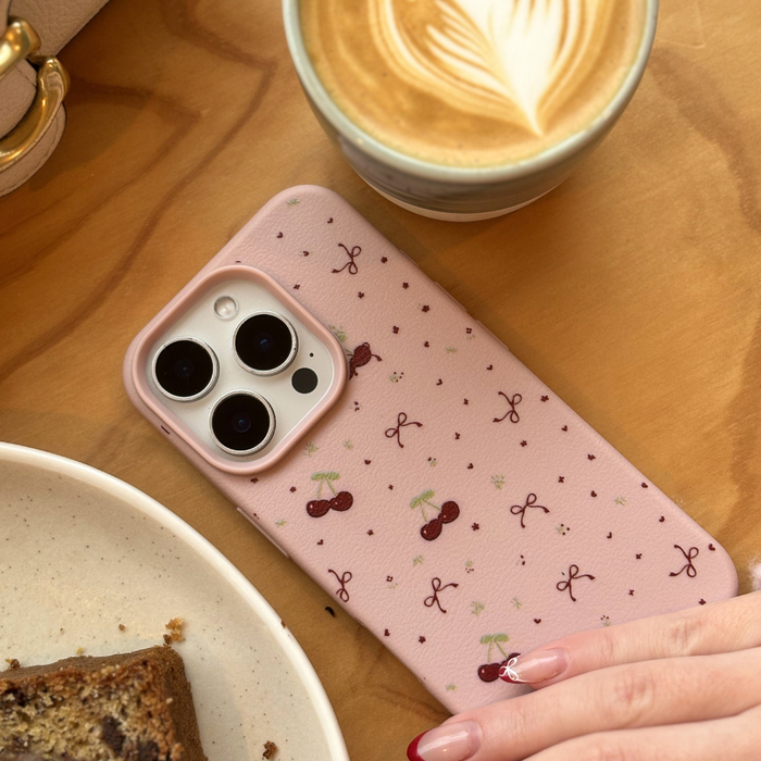 Pink phone case with bows and cherries pattern, held by a hand with red-tipped nails near coffee and cake.