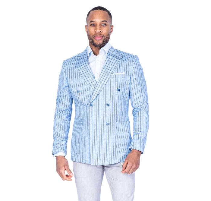 Double-Breasted Stripe Blazer - Blue