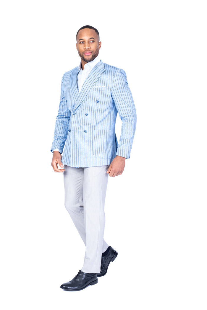 Double-Breasted Stripe Blazer - Blue