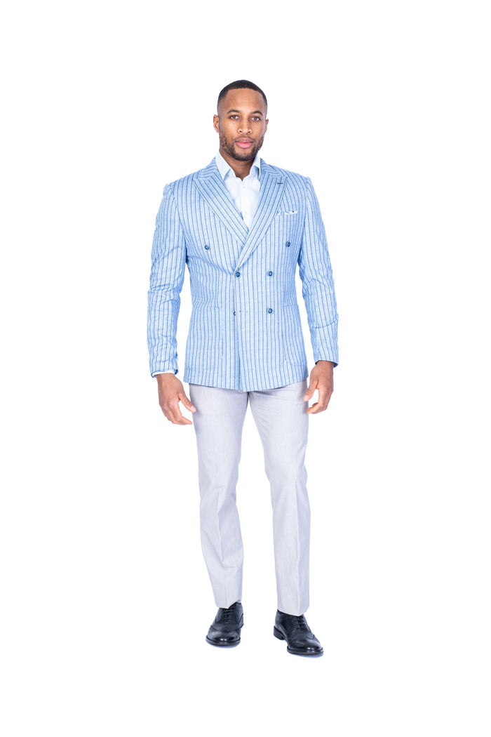 Double-Breasted Stripe Blazer - Blue