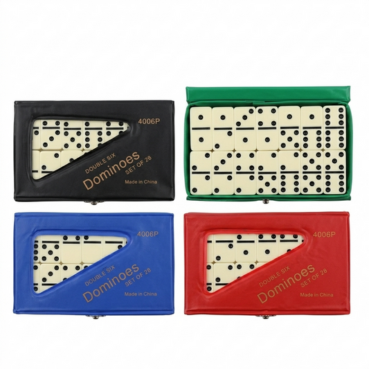 Four domino sets in black, green, blue, and red packaging on a white background.
