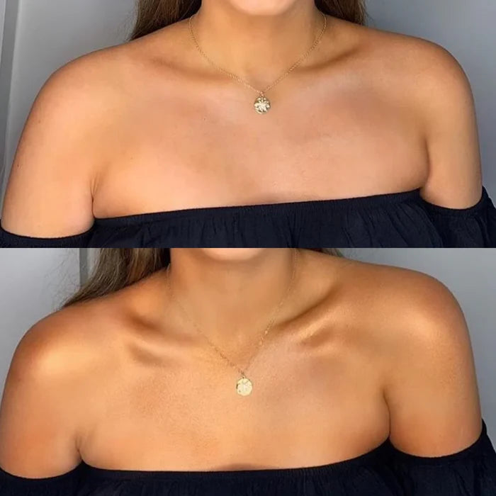 Two views of a person wearing a black off-shoulder top and a gold necklace with a pendant.