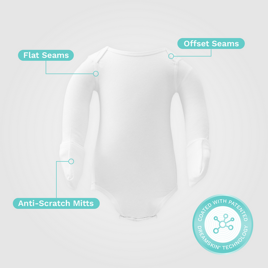 Dreamskin long-sleeve eczema baby bodysuit with foldaway mitts
