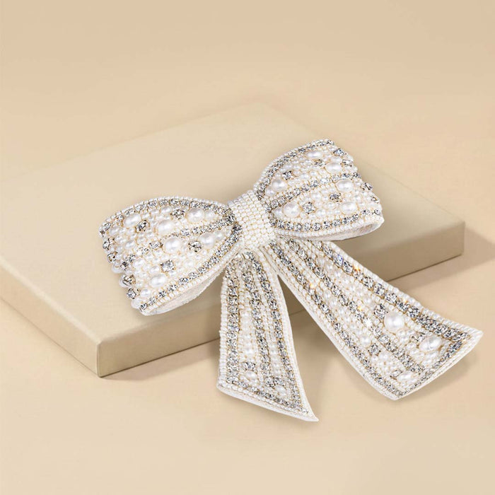 Embellished Crystal & Pearl Hair Bow Barrette Clip - Silver