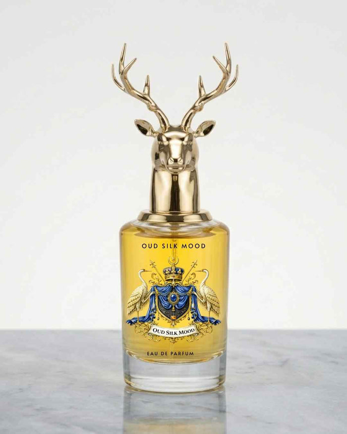 Eternia® Oud Silk Eau de Parfum bottle with deer-head cap and gold label