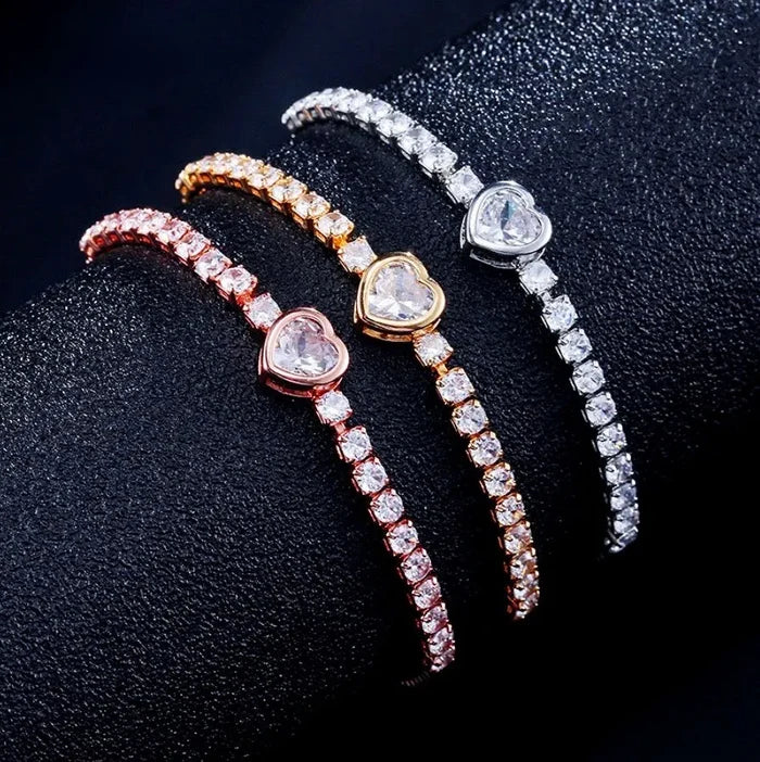 Wedding Jewelry - Heart CZ Bridal Bracelet - Available in Silver, Rose Gold and Yellow Gold