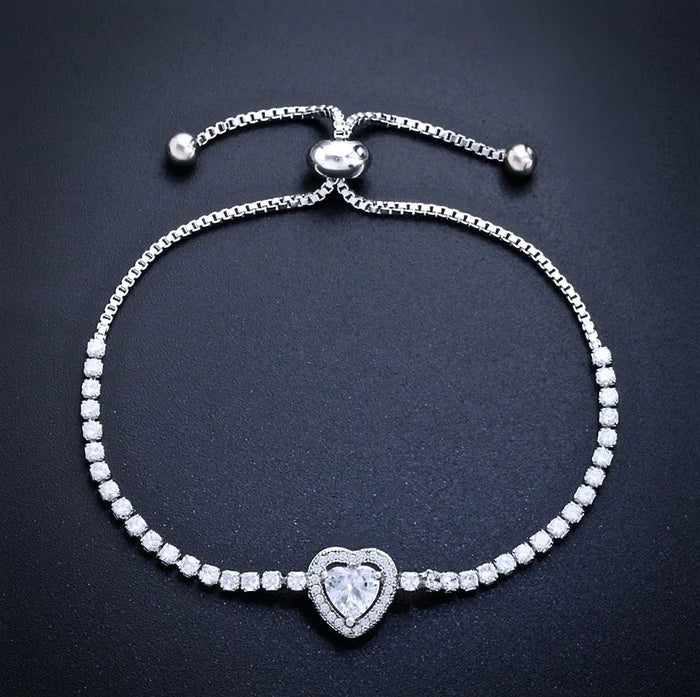 Wedding Jewelry - Heart CZ Bridal Bracelet - Available in Silver, Rose Gold and Yellow Gold