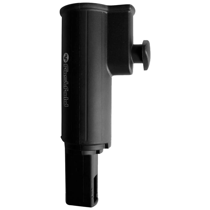 A black plastic tool with a handle and a cylindrical end is positioned vertically featuring a button for adjustment designed for a specific fastening or locking function.