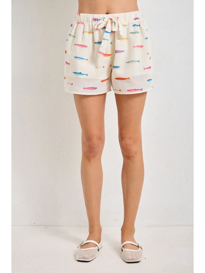 Fish Print Drawstring Shorts