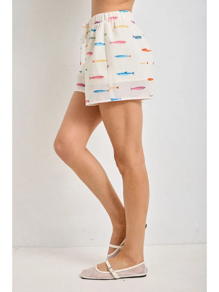Fish Print Drawstring Shorts