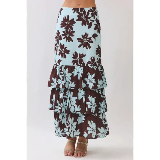 Floral Print Tiered Ruffle Maxi Skirt
