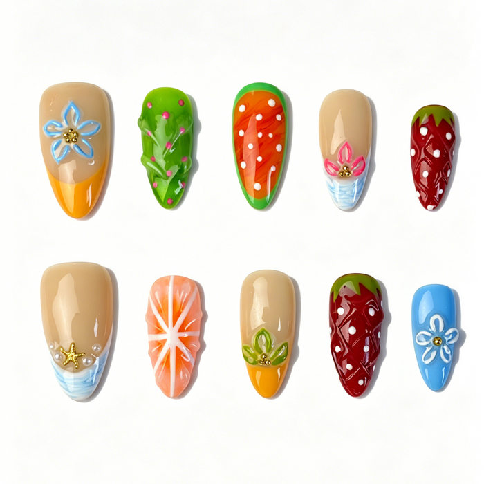 Medium Almond Press On Nails, Handmade 3D Summer Fruit Floral Fake Nails, Nude Strawberry Carrot Starfish Nail Art Set