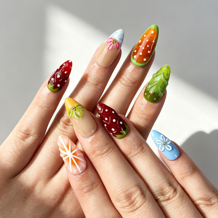 Hand Painted Summer Fruit Press On Nails, Medium Almond 3D Strawberry Floral Nails on Hand, Cute Beach Fake Nail Tips