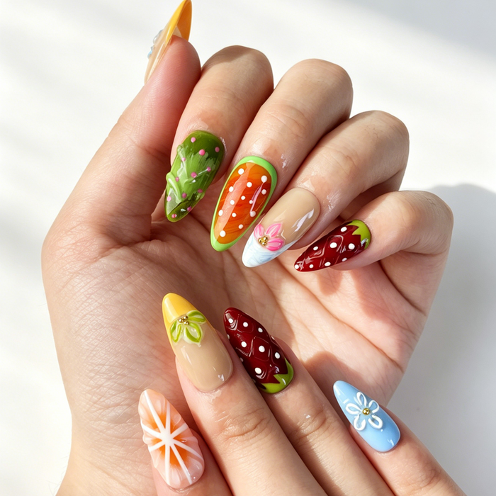 Summer Fruit 3D Press On Nails, Medium Almond Nude Floral Strawberry Fake Nail Set