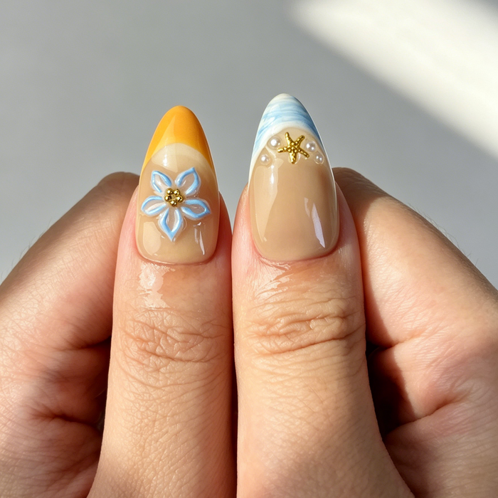 Close Up 3D Handmade Nail Art, Summer Strawberry Carrot Floral Decor, Medium Almond Nude Press On Nail Detail Shot