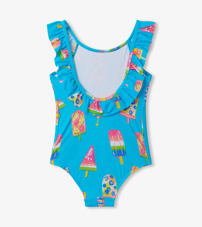 Back view of Hatley girls Fruity Pops one-piece swimsuit with ruffle straps and aqua print