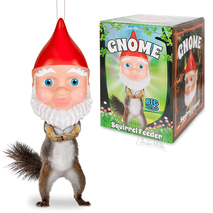 The Gnome Squirrel Feeder, characterized by its oversized head, is an enchanting garden accessory that includes packaging that reflects its whimsical design.