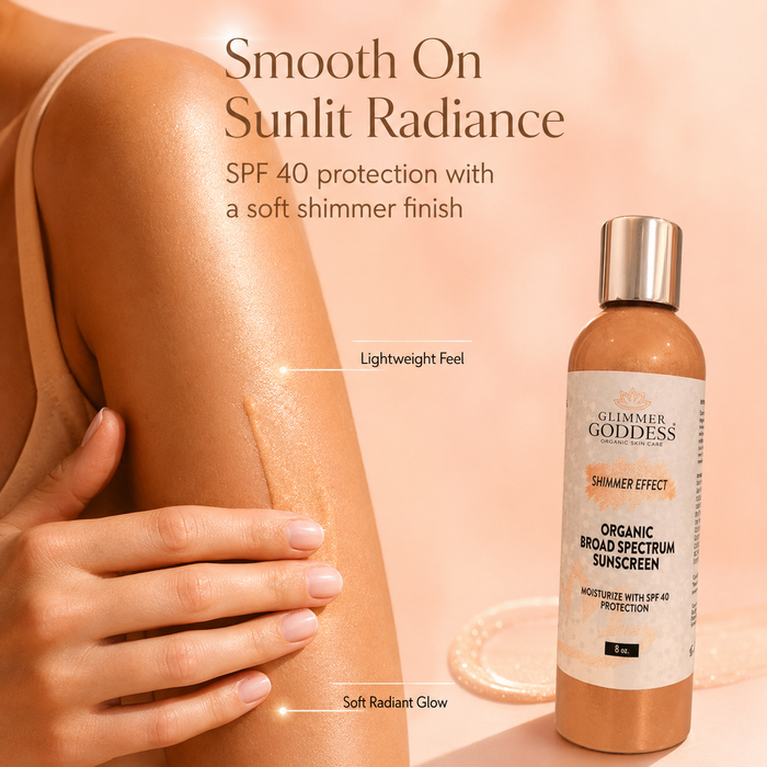 Ultra-realistic Shopify lifestyle image for Glimmer Goddess® Goddess Glow Shimmer Suntan Lotion SPF 40 showing the exact shimmer sunscreen bottle from the product website beside a close-up application moment on skin, highlighting SPF 40 protection, reef-safe mineral care, hydration, lightweight feel, and a soft radiant shimmer glow on a Peach #FCD7CE background