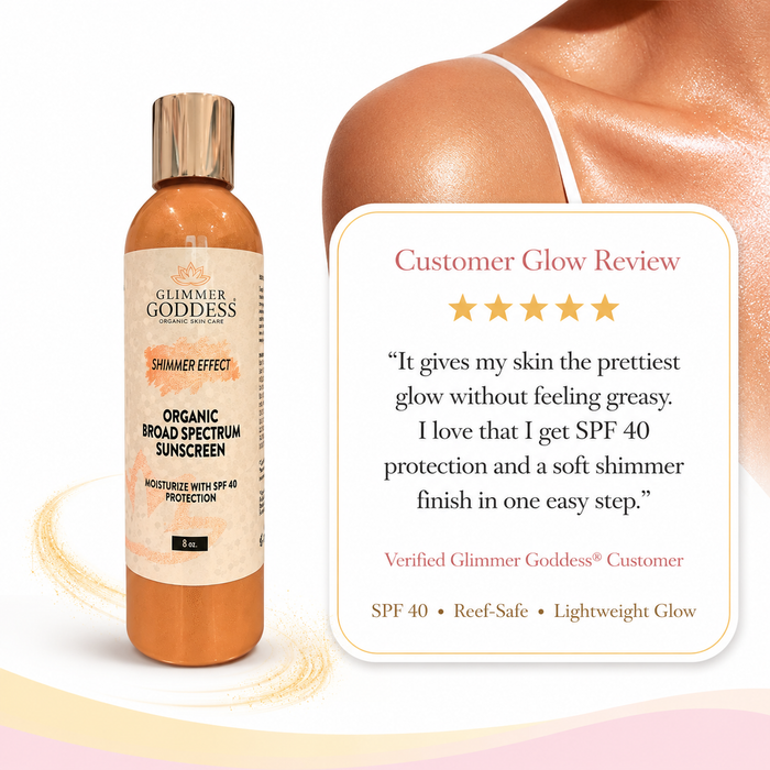 Ultra-realistic Shopify testimonial image for Glimmer Goddess® Goddess Glow Shimmer Suntan Lotion SPF 40 showing the exact shimmer sunscreen bottle from the product website beside a 5-star customer review about SPF 40 protection, reef-safe mineral care, lightweight feel, and a soft radiant shimmer glow on a clean white background with subtle Glimmer Goddess® brand trim.