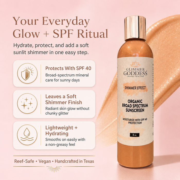 Ultra-realistic Shopify special call-out image for Glimmer Goddess® Goddess Glow Shimmer Suntan Lotion SPF 40 showing the correct bronzed shimmer sunscreen bottle from Image #1 with final conversion callouts for SPF 40 protection, soft shimmer glow, lightweight hydration, reef-safe care, vegan formula, and handcrafted in Texas quality on a Cotton Candy #F6DFE5 background.