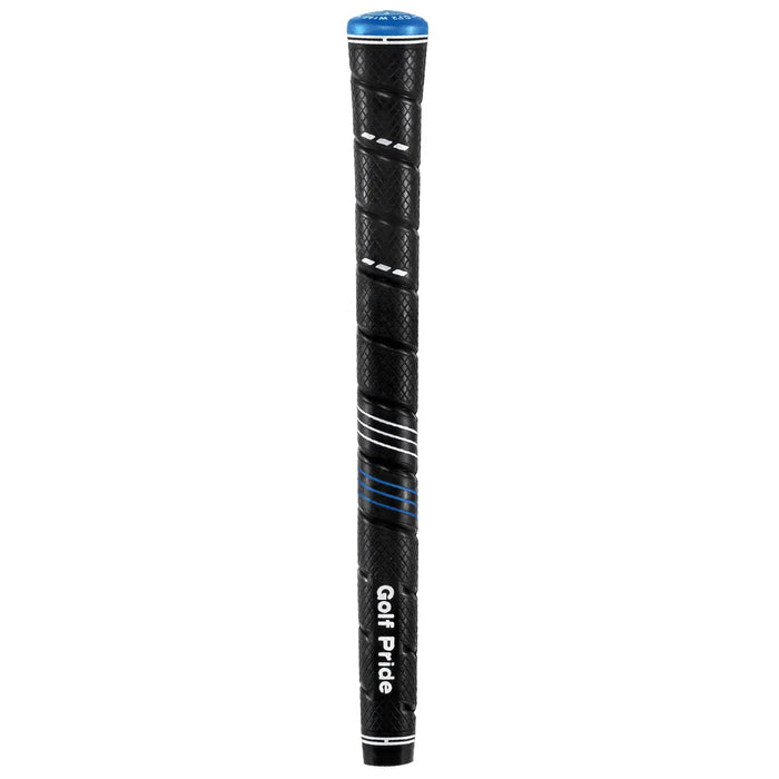 A black golf club grip with textured surface design supports golfers in maintaining a solid hold while playing in various outdoor environments featuring the brand name Golf Pride and blue accents