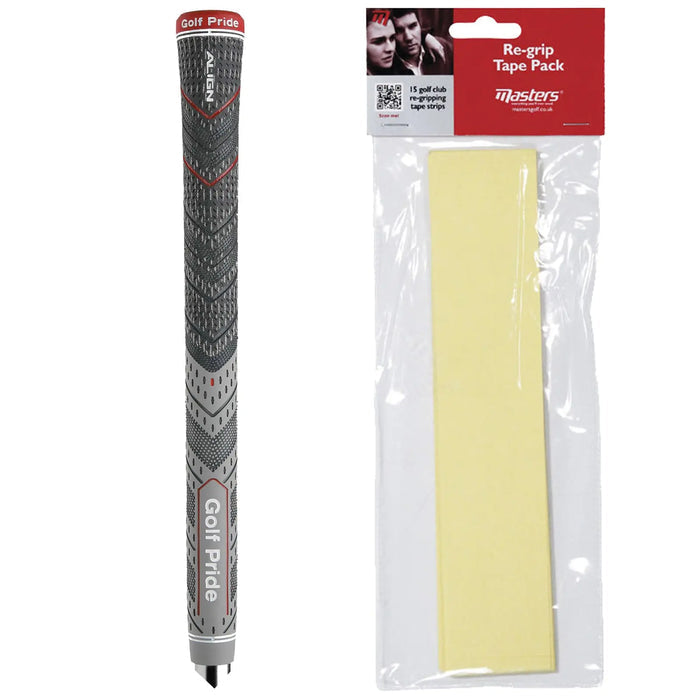 A golf club grip is shown alongside a pack of re-gripping tape strips, both against a plain background, emphasizing their use for maintaining golf equipment.