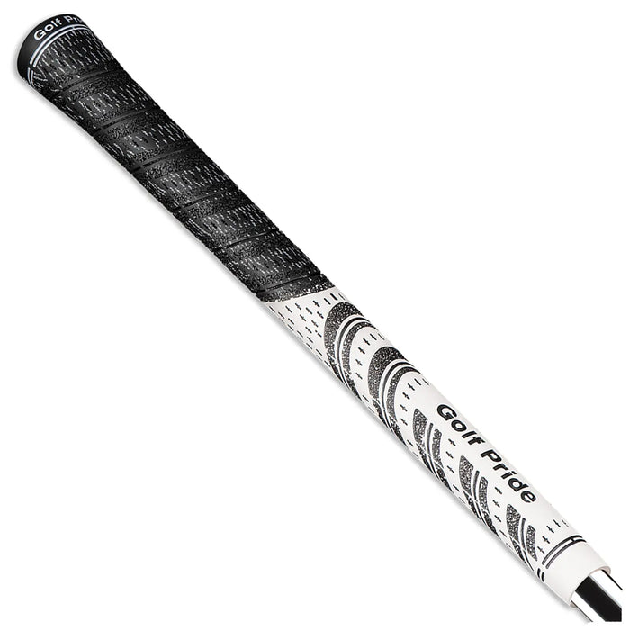A golf club grip is displayed vertically featuring a textured black upper section and a white lower section with circular designs and "Golf Pride" text, typically used for enhancing grip on golf clubs.