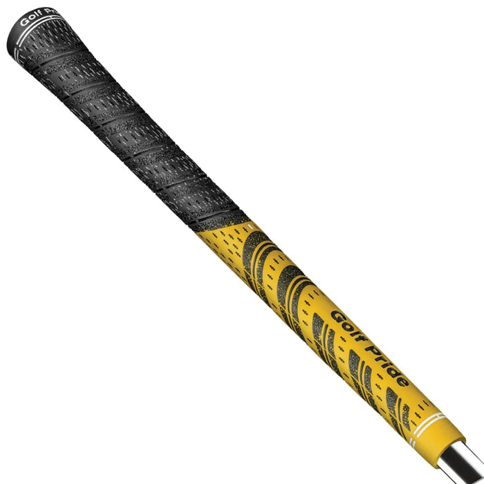 A black and yellow golf grip lies at an angle showcasing its textured surface designed for enhanced grip with the brand name Golf Pride printed on it.