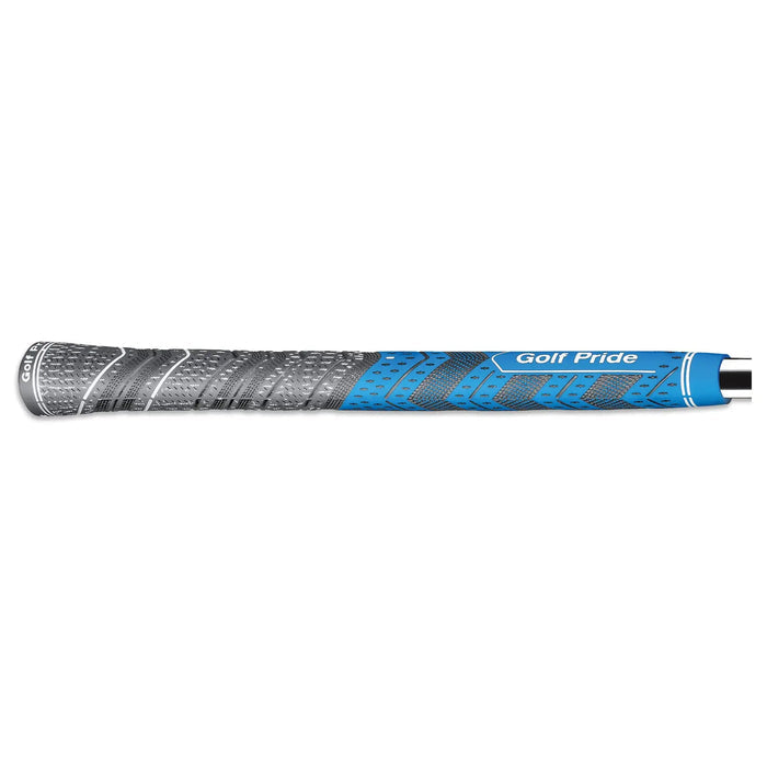 A golf club grip is displayed horizontally featuring a textured silver and blue design with the inscription Golf Pride it is designed for improved handling and comfort during play