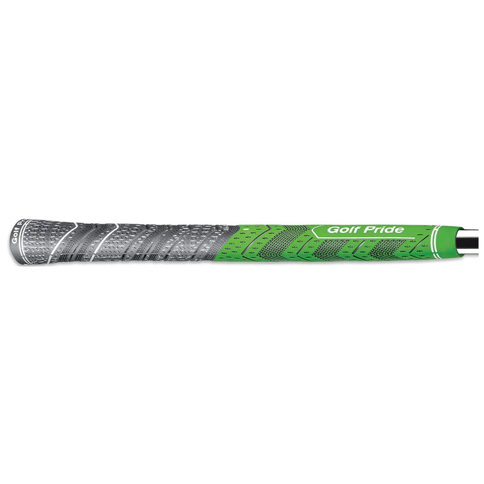 A golf club grip is displayed vertically on the left showing textured green rubber while a yellow re-grip tape pack is packaged on the right indicating it contains fifteen tape strips.