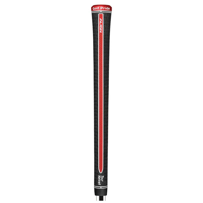 A black golf club grip with a textured surface and red accents is positioned upright against a neutral background showcasing its branding and features suitable for enhanced player control and comfort.