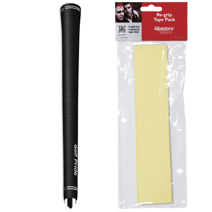 A black golf club grip stands vertically on the left while a pack of re-grip tape strips is displayed on the right within transparent packaging showcasing the yellow tape inside.