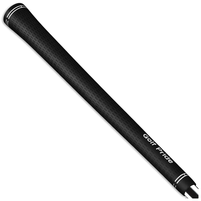A black golf grip with textured surface is positioned diagonally showcasing its length and design features such as white accents and the brand name Golf Pride on the side.