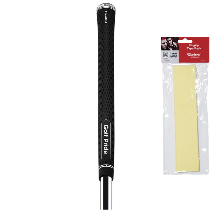 A black golf club grip labeled Golf Pride sits vertically on the left while a yellow re-grip tape pack in clear packaging is displayed on the right against a white background.