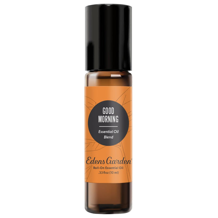 A roll-on bottle of Edens Garden Good Morning Essential Oil Blend with black cap and orange label.