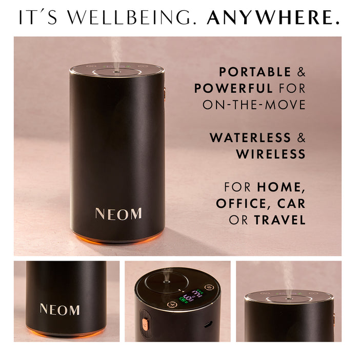 “It’s wellbeing. Anywhere" NEOM diffuser emitting mist. Text reads: Portable and powerful for on-the-move. Waterless and wireless. For home, office, car or travel.”