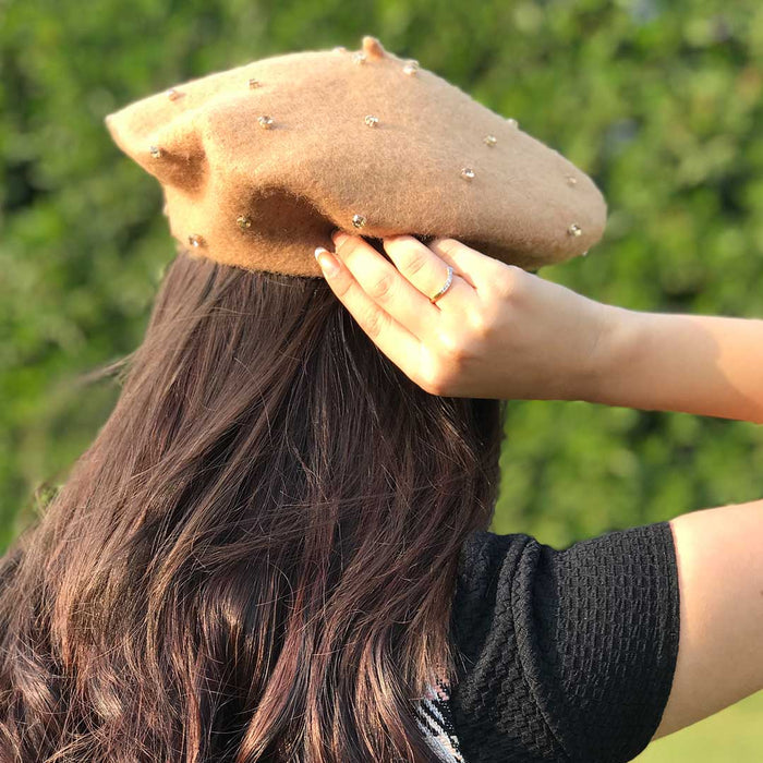 Hair Drama Company Tan French Beret With Tone On Tone Crystals Embellishment