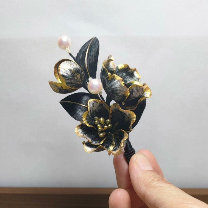 Handmade Black and Gold Ronghua Hairpin - Artisanal Silk Floral Hair Accessory