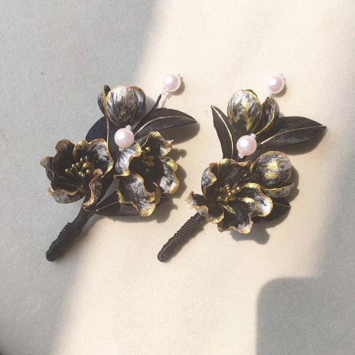 Handmade Black and Gold Ronghua Hairpin - Artisanal Silk Floral Hair Accessory